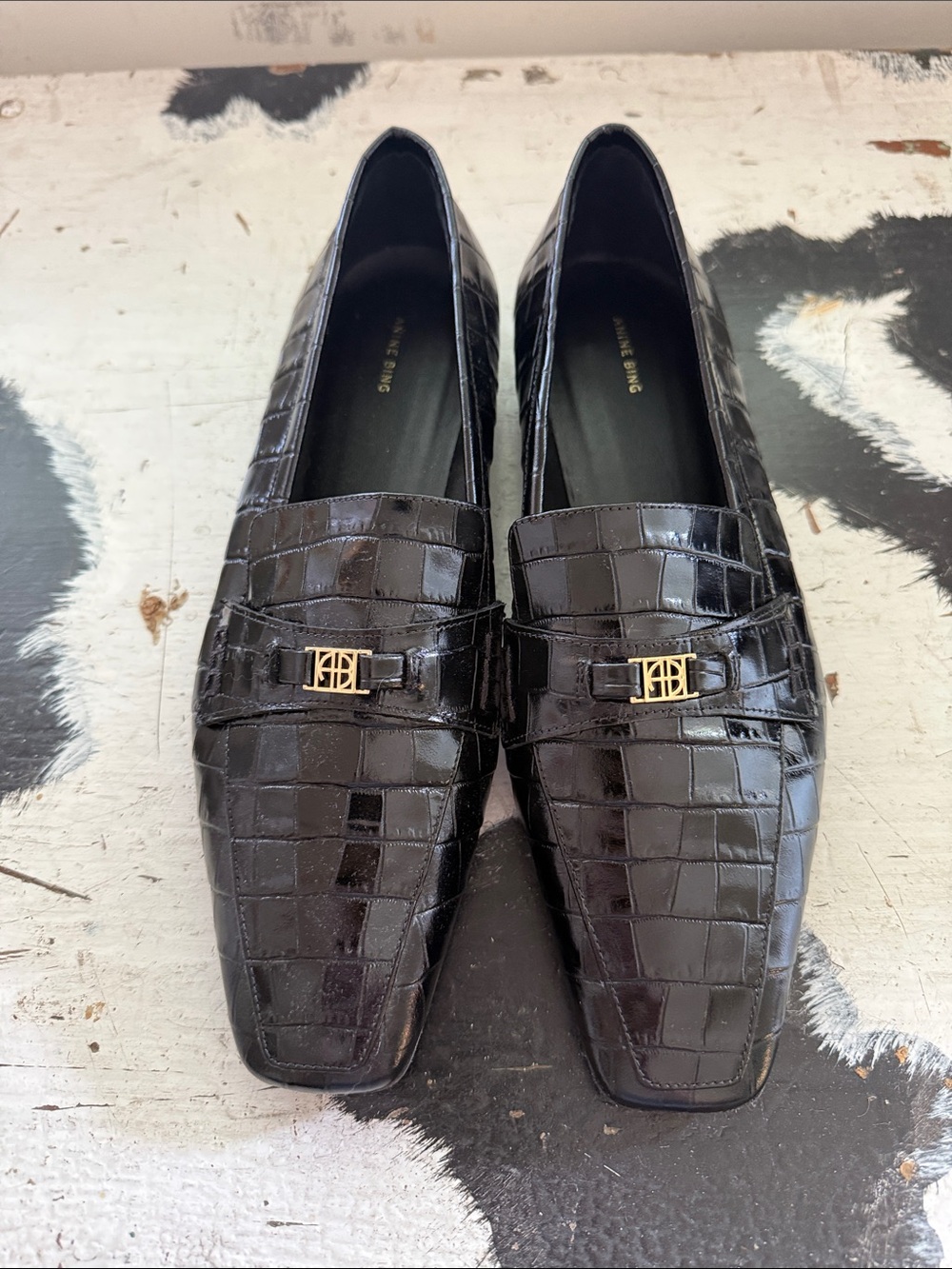 Anine Bing Black Croc-Embossed Freya Loafers with Gold Accent